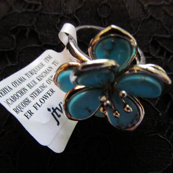 Tehya Oyama Blue Kingman turquoise flower ring Sterling Silver over Copper Sz 10 - Picture 8 of 16